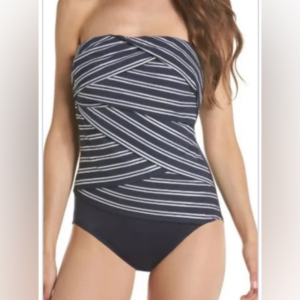 Miraclesuit Navy and White Strapless One-Piece Swimsuit